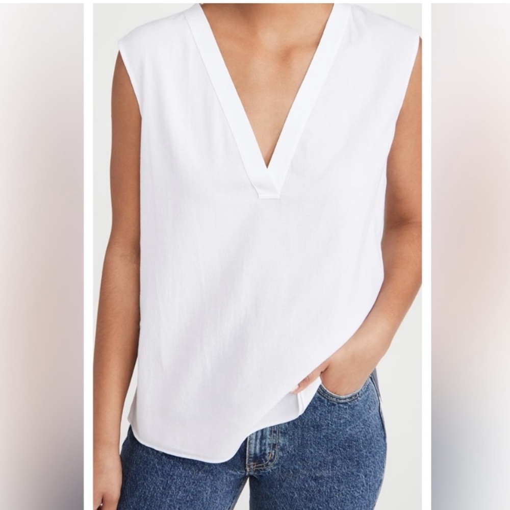 Vince Rib Knit Trim Sleeveless V Neck Gauzy Cotton Top in Optic White MED - Picture 2 of 16